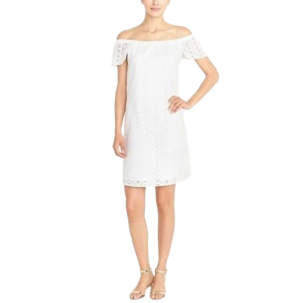J Crew off the shoulder white eyelet mini midi above knee dress. Medium